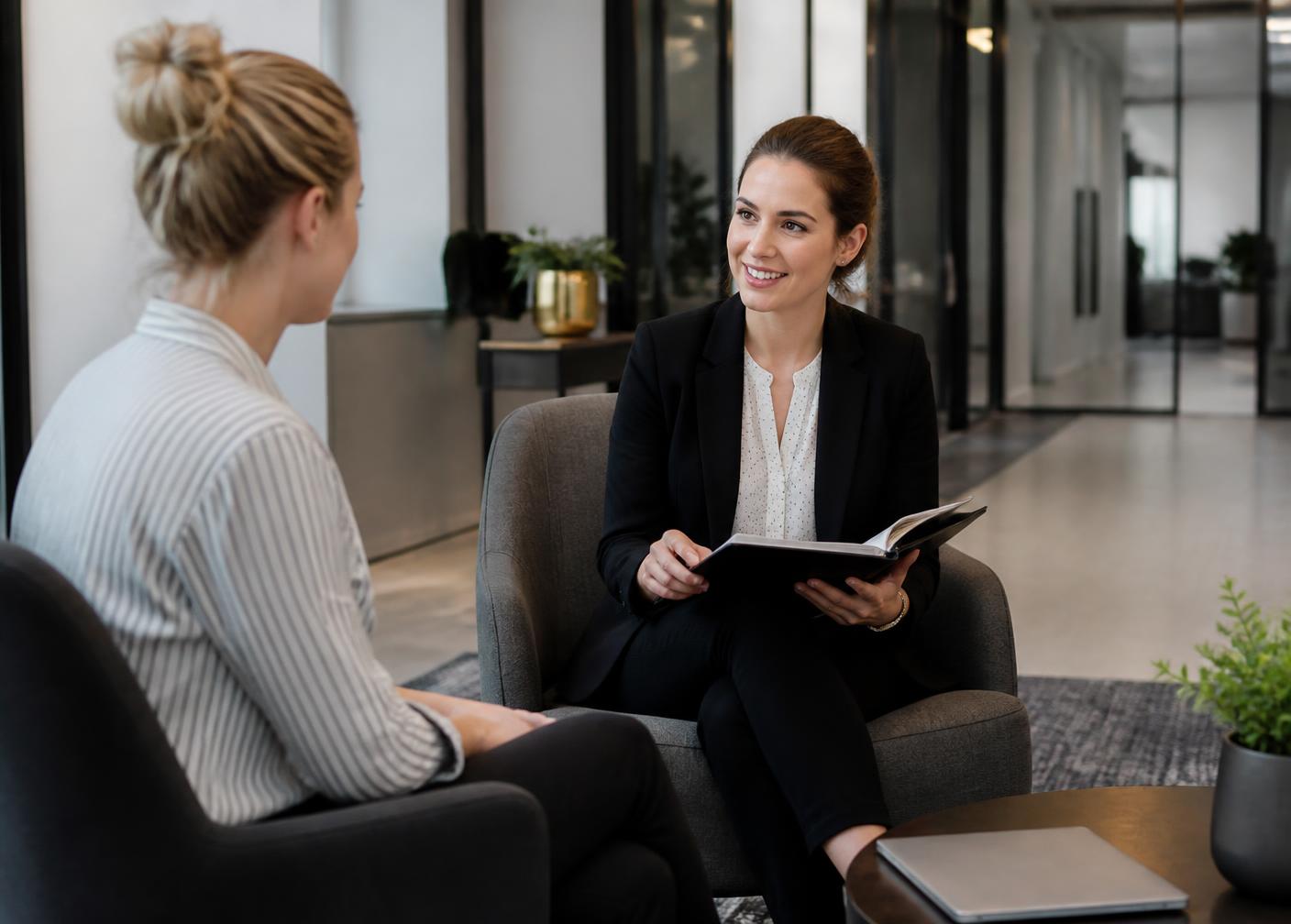 Consultora contábil conversando com uma cliente em uma sala de reunião