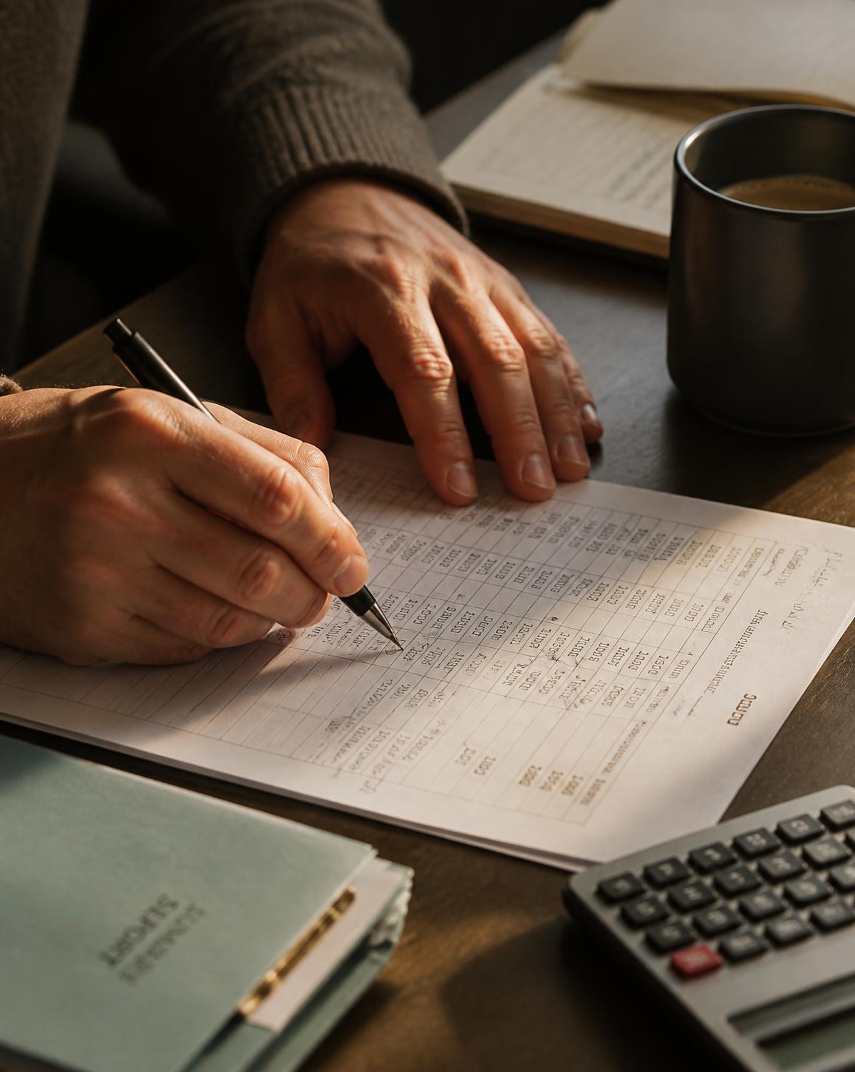 Profissional conferindo um relatório impresso sobre a mesa de trabalho